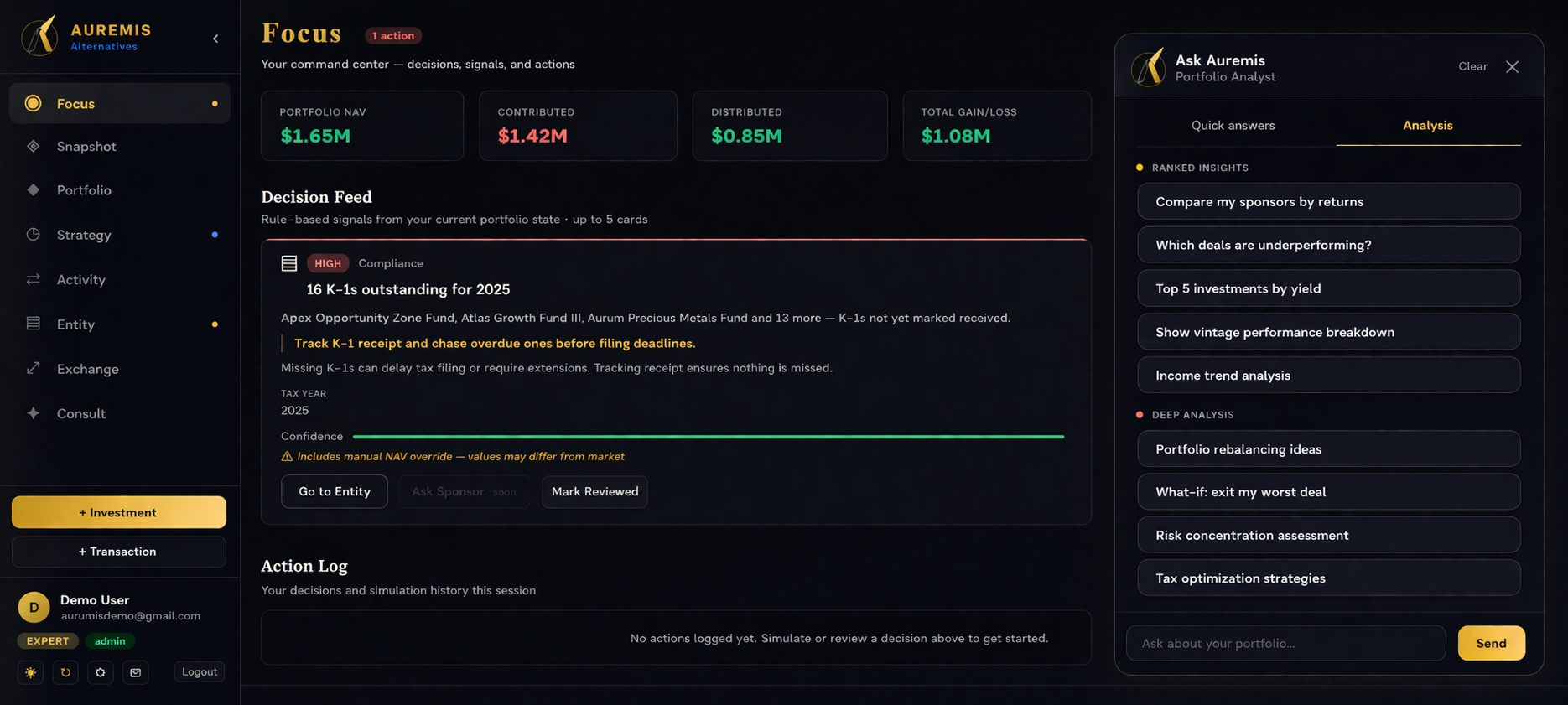 Aurumis portfolio intelligence dashboard
